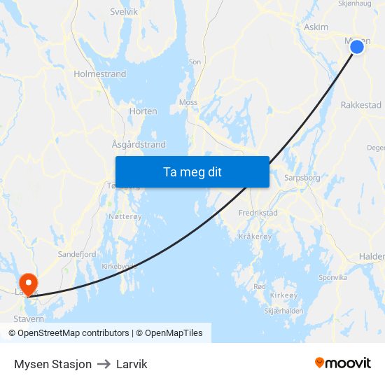 Mysen Stasjon to Larvik map