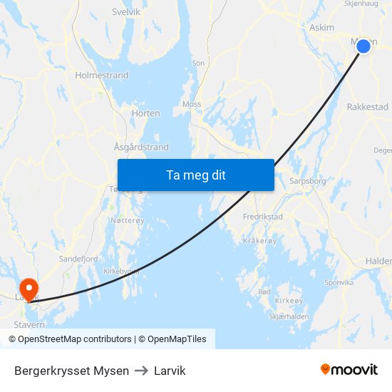 Bergerkrysset Mysen to Larvik map
