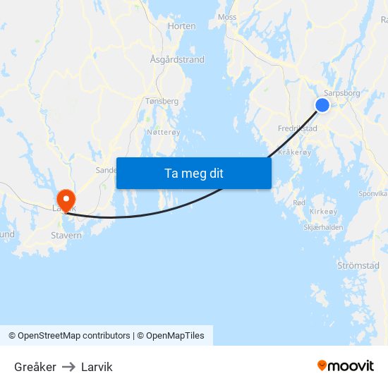 Greåker to Larvik map