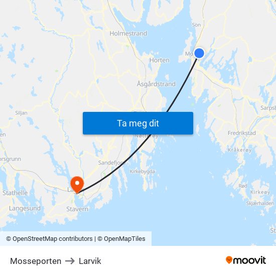 Mosseporten to Larvik map