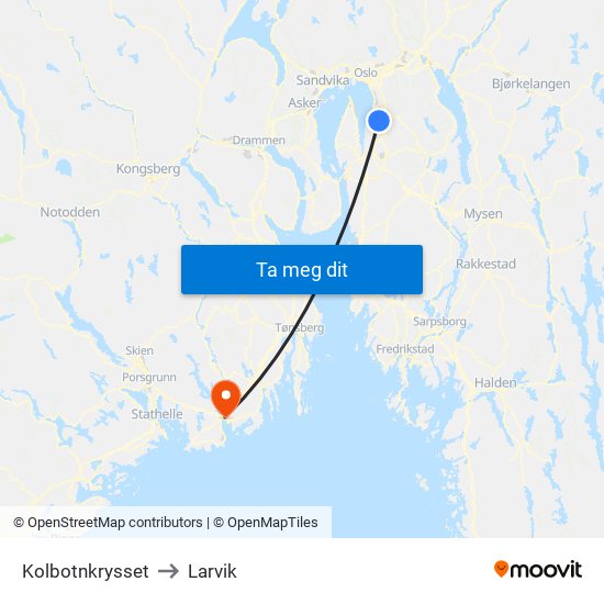 Kolbotnkrysset to Larvik map