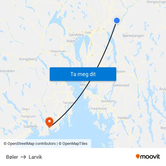 Bøler to Larvik map