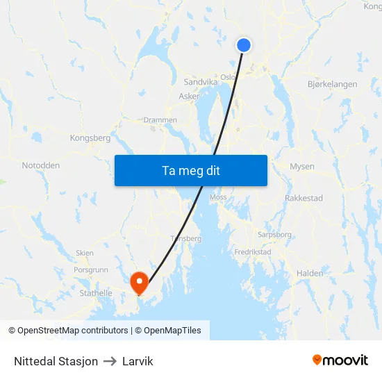 Nittedal Stasjon to Larvik map