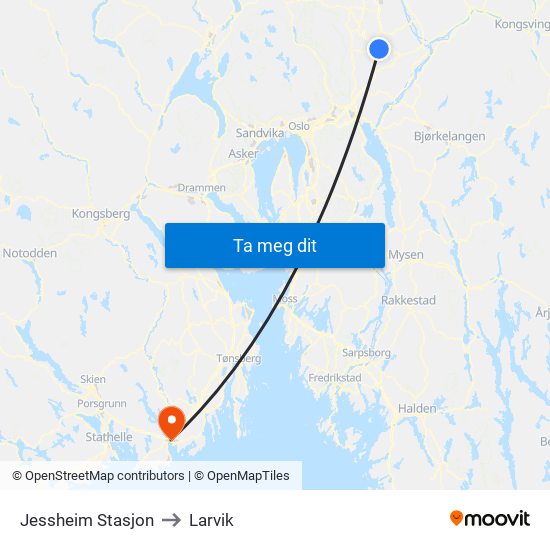 Jessheim Stasjon to Larvik map