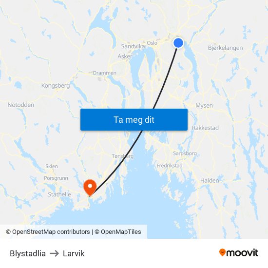 Blystadlia to Larvik map