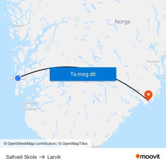 Saltveit Skole to Larvik map