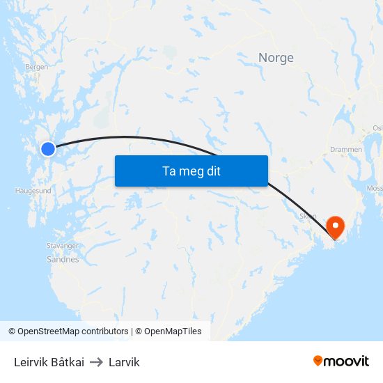 Leirvik Båtkai to Larvik map