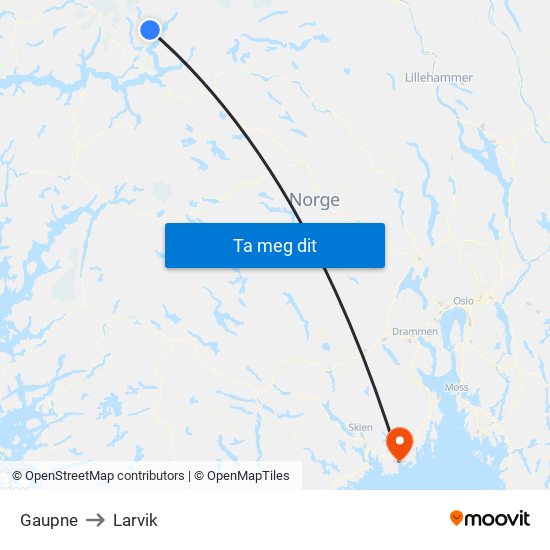 Gaupne to Larvik map
