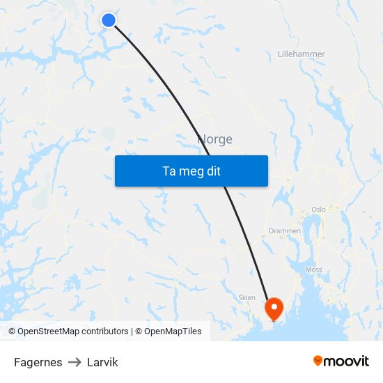 Fagernes to Larvik map