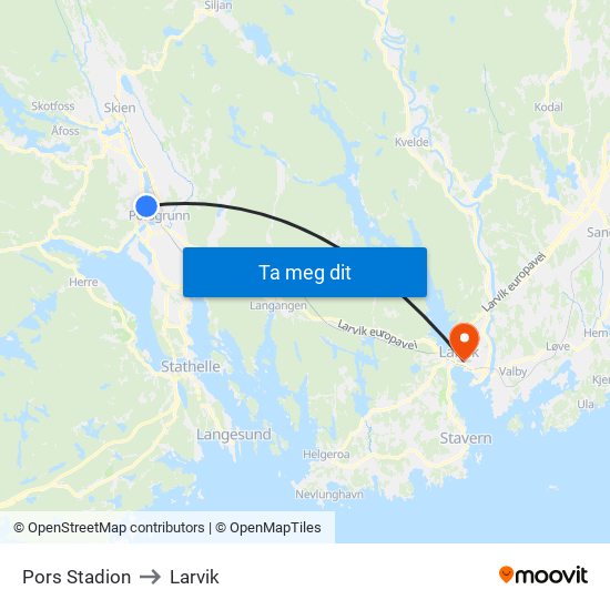 Pors Stadion to Larvik map