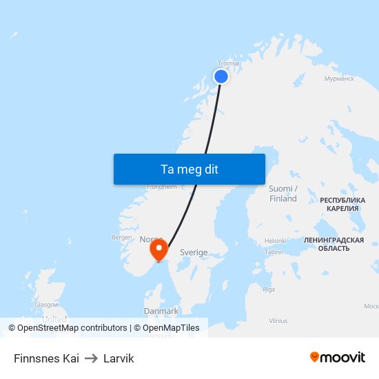 Finnsnes Kai to Larvik map