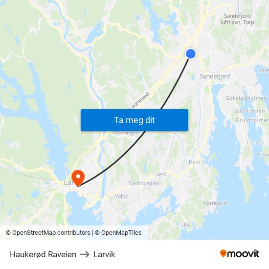 Haukerød Raveien to Larvik map
