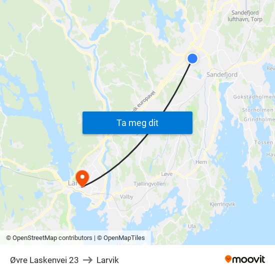 Øvre Laskenvei 23 to Larvik map