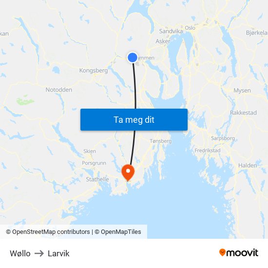 Wøllo to Larvik map