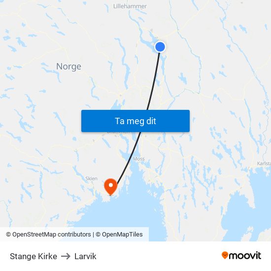 Stange Kirke to Larvik map