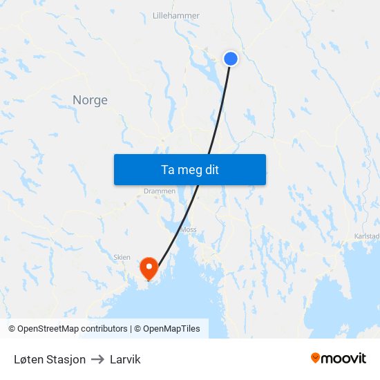Løten Stasjon to Larvik map