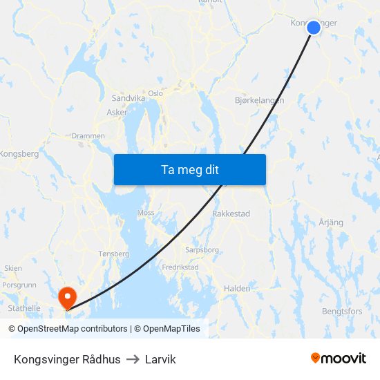 Kongsvinger Rådhus to Larvik map