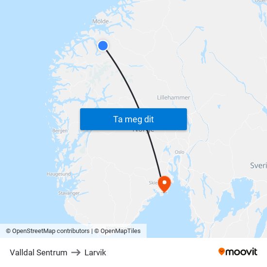 Valldal Sentrum to Larvik map