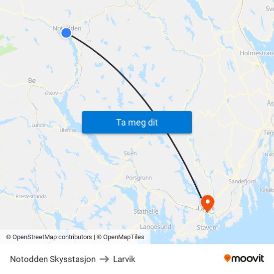 Notodden Skysstasjon to Larvik map