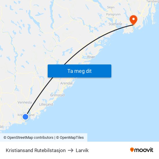 Kristiansand Rutebilstasjon to Larvik map