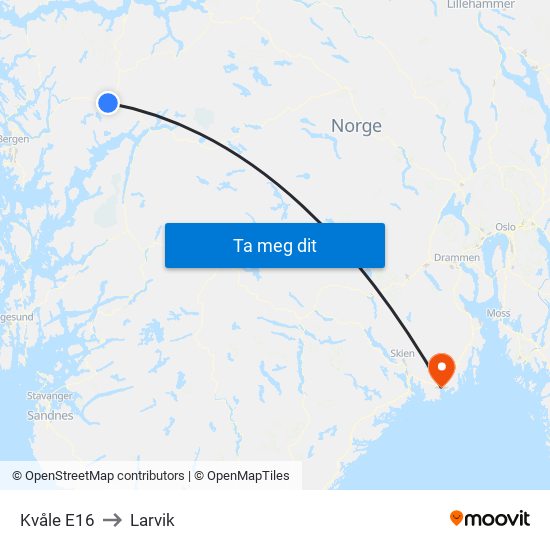Kvåle E16 to Larvik map