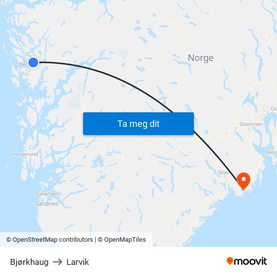 Bjørkhaug to Larvik map
