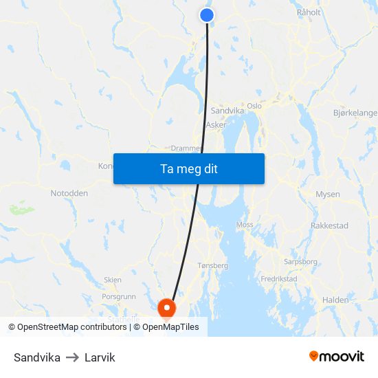 Sandvika to Larvik map