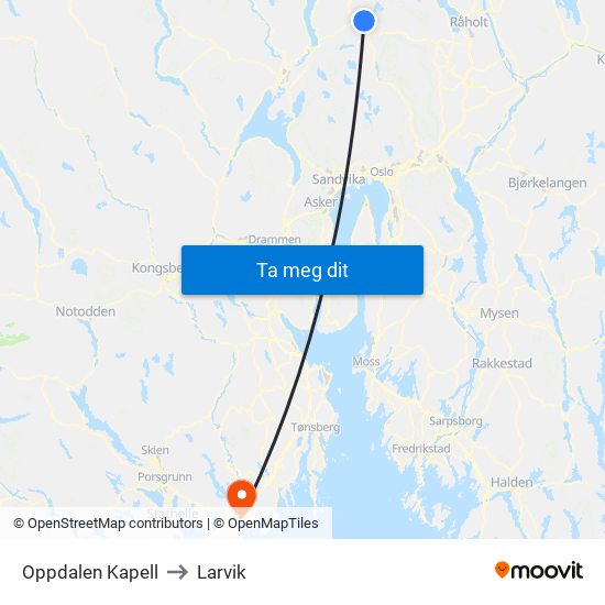 Oppdalen Kapell to Larvik map