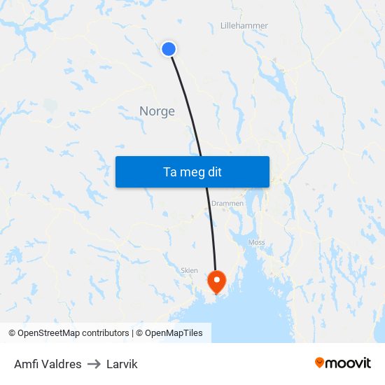 Amfi Valdres to Larvik map