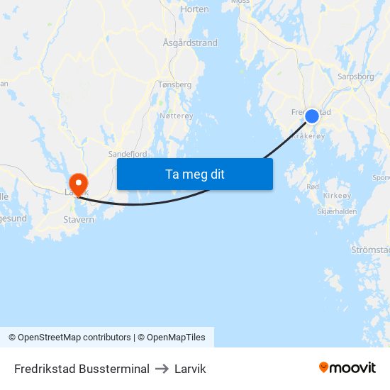 Fredrikstad Bussterminal to Larvik map