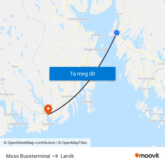 Moss Bussterminal to Larvik map