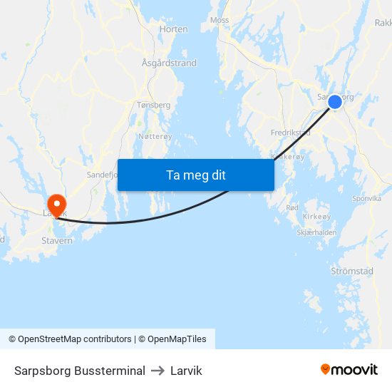 Sarpsborg Bussterminal to Larvik map