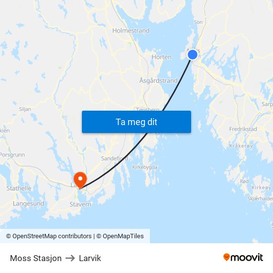 Moss Stasjon to Larvik map