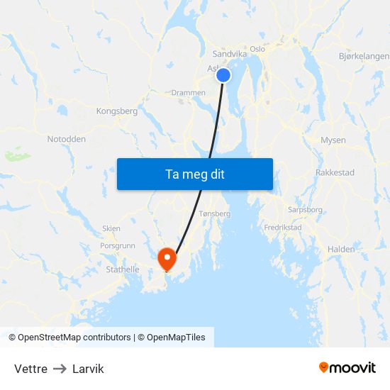 Vettre to Larvik map