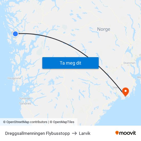 Dreggsallmenningen Flybusstopp to Larvik map