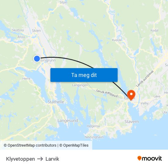 Klyvetoppen to Larvik map