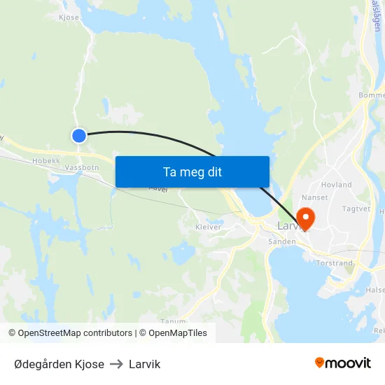 Ødegården Kjose to Larvik map