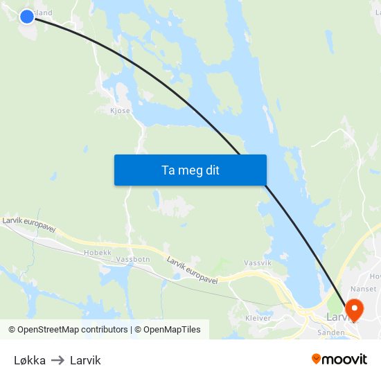 Løkka to Larvik map