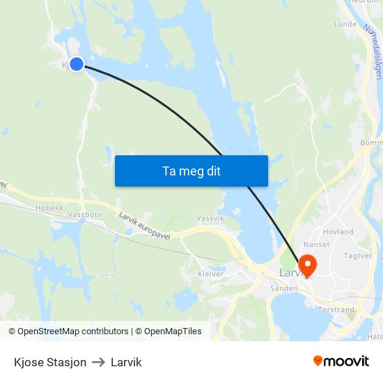 Kjose Stasjon to Larvik map