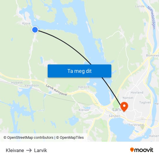 Kleivane to Larvik map