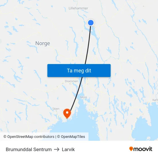 Brumunddal Sentrum to Larvik map