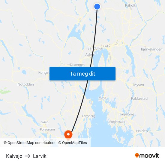 Kalvsjø to Larvik map