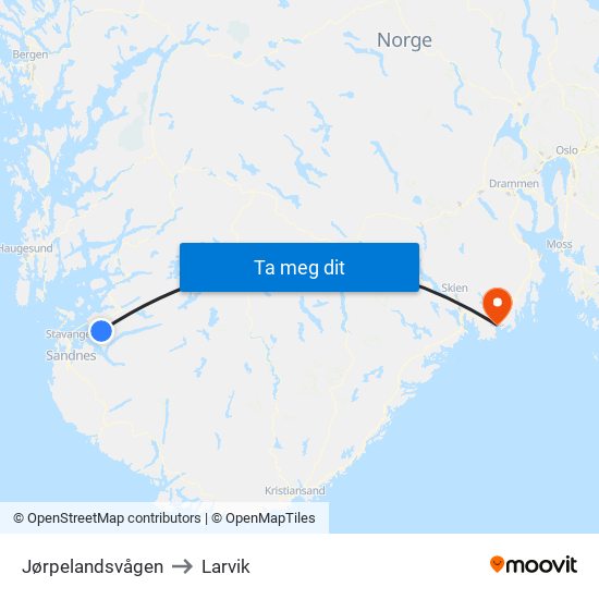 Jørpelandsvågen to Larvik map