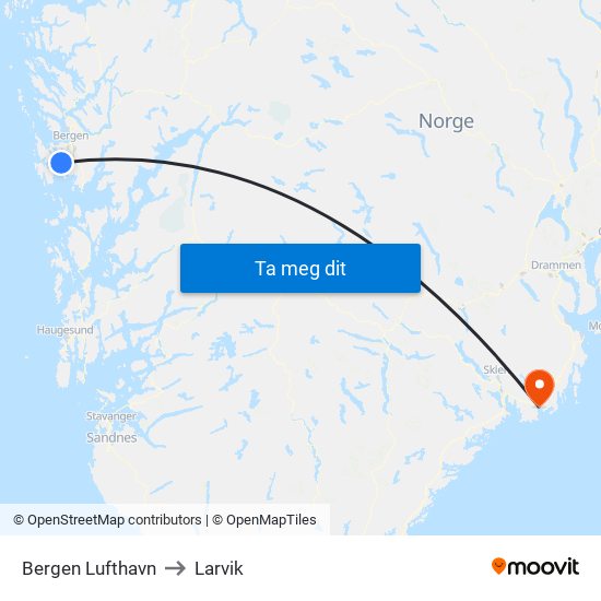 Bergen Lufthavn to Larvik map