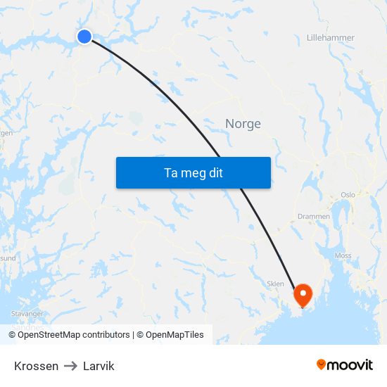 Krossen to Larvik map