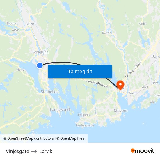 Vinjesgate to Larvik map