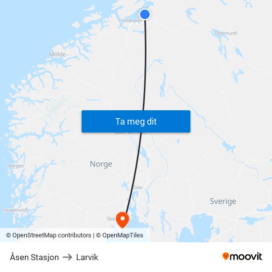 Åsen Stasjon to Larvik map