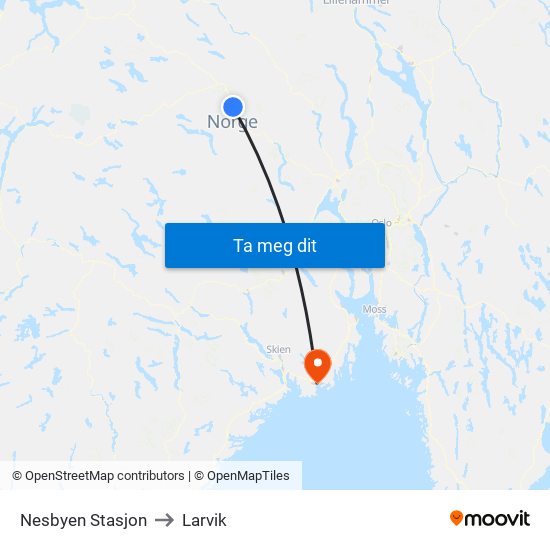 Nesbyen Stasjon to Larvik map