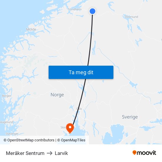 Meråker Sentrum to Larvik map