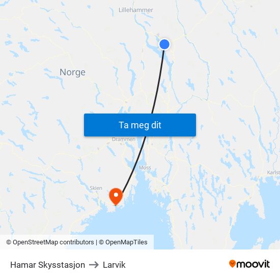 Hamar Skysstasjon to Larvik map